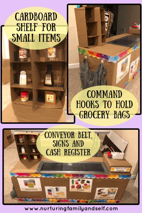 How to Build a Grocery Store Checkout Counter for Less than $20 - Nurturing Family & Self Diy Dramatic Play Grocery Store, Preschool Grocery Store Dramatic Play, Play Grocery Store Diy, Diy Play Grocery Store, Dramatic Play Grocery Store, Store Checkout Counter, Dramatic Play Diy, Store Dramatic Play, Dramatic Play Centers Preschool