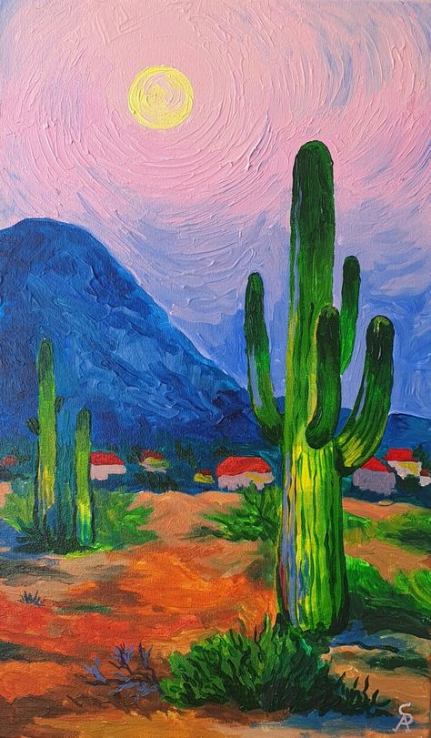 "The sun of Mexico". Acryl, canvas. Mexico Painting, Mexico Landscape, Cactus Paintings, Art Is Dead, Sketchbook Challenge, Sun Painting, Spanish Art, Art To Try, Green Cactus