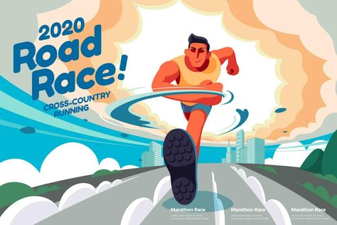 Road race event illustration with a man running forward in the city Marathon Posters, Running Illustration, Illustration Man, Running Posters, Event Illustration, Pizza Design, Running Race, Road Race, Sport Illustration