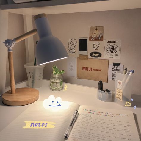 Muji Study Table, Table Study Design, Study Desk Lamp, Cute Study Table Decor, Lamp For Study Table, Study Table Lamp Aesthetic, Table Study Ideas, Korean Study Table Aesthetic, Study Table Set Up