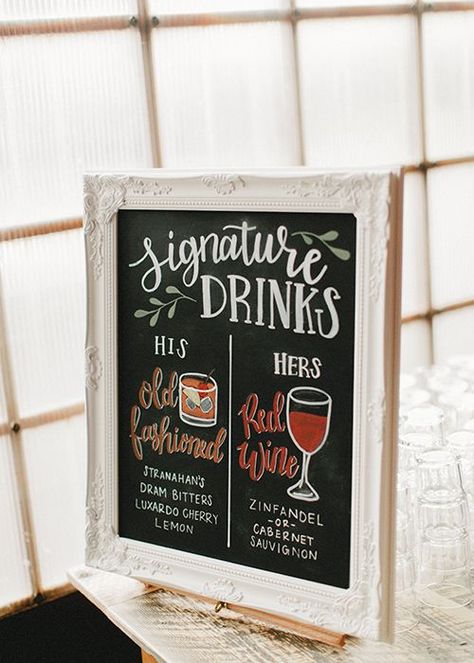 Wedding Signature Drinks Bar Menu Sign with Illustrations on Chalkboard // bar signage, wedding details, signature cocktails Cocktail Hour Ideas, Wedding Signature Drinks, Cocktail Hour Wedding, Signature Drinks Sign, Stationery Inspiration, Drink Signs, Chalkboard Wedding, Wedding Drink, Signature Drinks