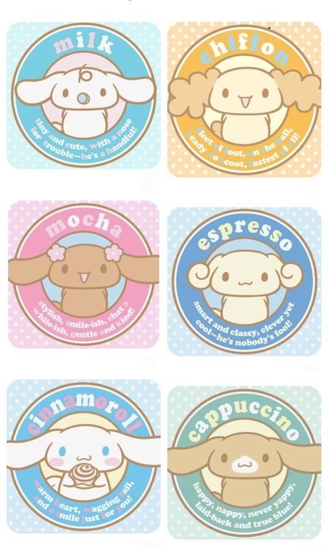 Cinnamon Roll Sanrio Room Ideas, Cinnamoroll Family Names, Cute Drawings Sanrio, Cinimonroll Sanrio, Cinnamonroll Sanrio Sticker, Cute Sanrio Crafts, Mocha Drawing, How To Draw Sanrio Characters, All The Sanrio Characters