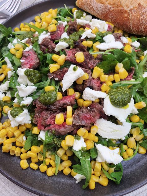 Steak Salad With Goat Cheese And Pesto - Women of Today Test Kitchen Recipes, Chicken Breast Marinade, Salad With Goat Cheese, Pesto Salad, Creamy Goat Cheese, Vegan Pesto, Steak Salad, Homemade Pesto, Goat Cheese Salad