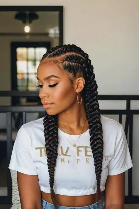 Two Feed In Braids With Curls, Back To School Hairstyles Natural, School Hairstyles Natural Hair, Braids Back To School, Back To School Hairstyles Braids, School Hairstyles Braids, Braids Back, Hairstyles Back To School, Chunky Twists