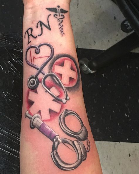 Registered nurse tattoo correctional nurse Corrections Nurse Tattoo, Phlebotomist Tattoo, Nurse Tattoo Ideas Sleeve, Registered Nurse Tattoo, Prison Nurse, Nursing Tattoos, Medical Tattoo Nurse, Caduceus Tattoo, Correctional Nurse