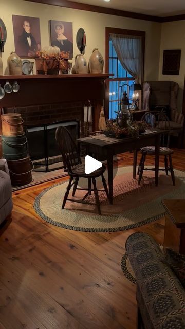 Gail Napier Reeder on Instagram Gail Reeder, Primitive Fireplace, Cabin Interiors, On October 3rd, Window Treatments, Family Room, Fireplace, Cabin, Living Room