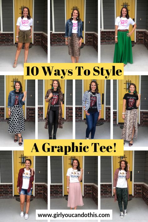 10 Ways to Style a Graphic Tee. 

For links to replicate this outfit or for more outfit ideas, follow ‘GirlYouCanDoThis’ on the ‘Like to Know It’ App 👉🏼 https://www.shopltk.com/explore/GirlYouCanDoThis

#girlyoucandothis #girlyoucanwearthis #graphictee #graphictees #howtostyle #outfitideas #ootd Dress Up Tshirt, Tshirt And Jeans Outfit, Style A Graphic Tee, Shirt Over Dress, Graphic Tshirt Outfit, Tshirt Style Outfit, Tee Shirt Outfit, Wardrobe Wishlist, Graphic Tee Outfits