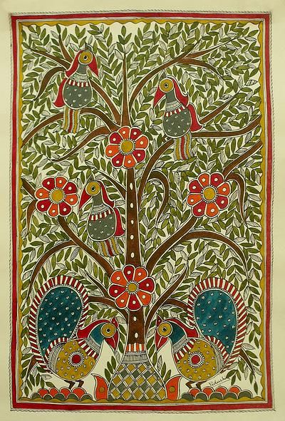 Madhubani painting, 'Celebrating the Tree of Life' Teej Invite, Inca Textiles, Madhubani Tree, Madhubani Patterns, Madhubani Paintings Peacock, Mithila Art, Tree Of Life Artwork, Mithila Painting, Gond Painting