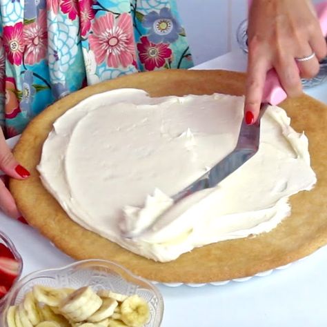 {VIDEO} Sugar Cookie Fruit Pizza with Cream Cheese Frosting - The Lindsay Ann Cream Cheese Frosting For Fruit Pizza, Sugar Cookie Strawberry Pizza, Fruit Pizza Sugar Cookie Pillsbury, Strawberry Fruit Pizza, Fruit Pizza With Cream Cheese, Fruit Pizza Dough, Pizza With Cream Cheese, Fruit Pizza Icing, Sugar Cookie Fruit Pizza