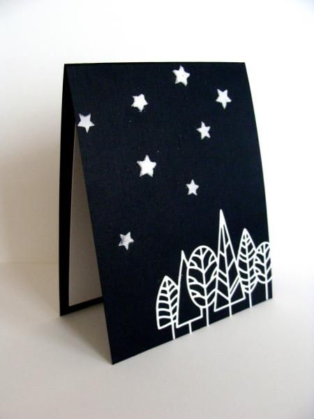 DTGD15 - Starry Sky Cat At Night, Black Christmas Cards, Illustration Cat, Cat Art Illustration, Star Cards, Black Cat Art, Tree Cards, Diy Christmas Cards, Christmas Cards To Make