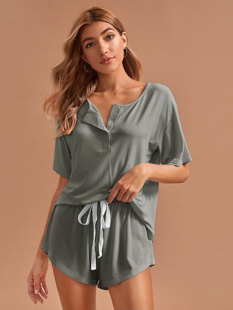 Half Placket Tee & Shorts Pajama Set | SHEIN USA Pajamas Winter, Satin Cami Dress, Summer Pajama Set, Sleepwear For Women, Satin Pj Set, Home Wear Women, Shorts Pajama Set, Home Wear Women Pajamas, Home Wear Women Casual