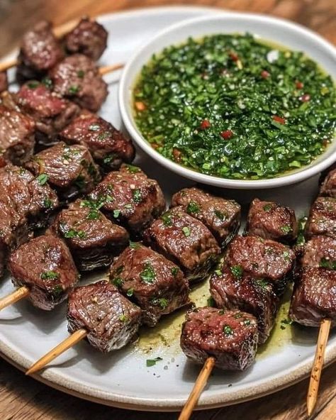 ina garten | Spicy Beef Skewers with Chimichurri Sauce 🌶️🍢 | Facebook Red Meat Meals, Skewers Recipes, Steak Dinner Ideas, Family Dinner Menu, Pork Main Dishes, Beef Ideas, Cooking Beef, Main Recipes, Recipes Spicy