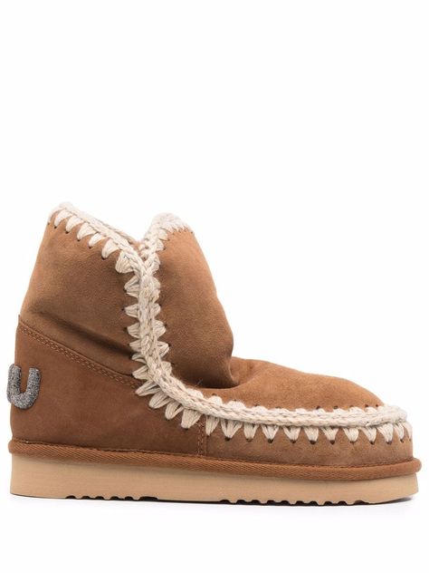 brown sheep skin/leather shearling lining whipstitch detailing round toe flat rubber sole Mou Boots, Brown Sheep, Glitter Logo, Sheep Skin, Shoes Boots Ankle, Shearling Boots, Shoe Inspo, Cute Preppy Outfits, Platform Boots