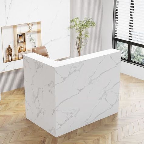 L Shape Reception Desk, Reception Desk Marble, Boho Office Space Workspaces, White Reception Desk, Wood Reception, Wood Reception Desk, L Shaped Office Desk, Reception Desk Counter, Modern Reception Desk