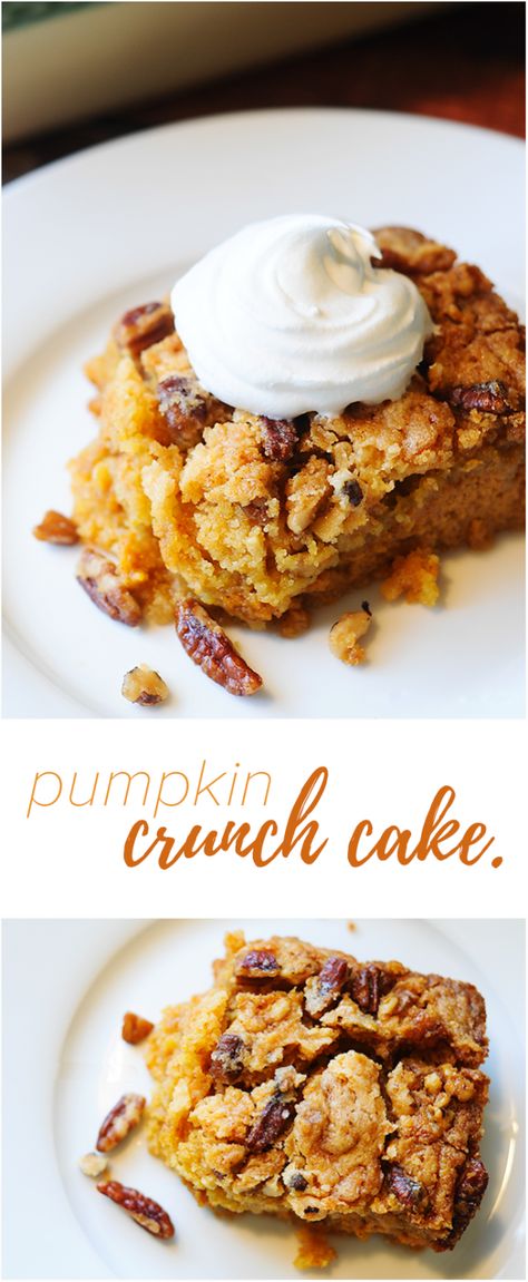 Pumpkin Crunch Cake - This is THE pumpkin crunch cake recipe that you've been looking for. I just made these and trust me, they are out of this world. One of those pumpkin dessert recipes you'll pass down to your kids! Pumpkin Crunch Cake Recipe, Crunch Cake Recipe, Desserts Nutella, Pumpkin Dessert Recipes, Pumpkin Dump, Pumpkin Crunch Cake, Weight Watcher Desserts, Smores Dessert, Pumpkin Crunch