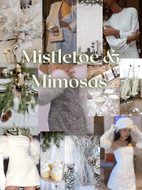 Mistletoe and Mimosas | White Decor Party Idea | Greenery Decor | Snow Party Theme | December Party Idea | Bachelorette Party Theme | Birthday Party | Bridal Shower | Mood Board | Inspo Board | Cocktails | Feathers | Glam Dress | Party Decor | Winter Winter Wedding Bachelorette Party, Winter Couples Shower Themes, Bridal Shower Ideas Winter Themed, Winter Hen Party, Mistletoe And Mimosas Party, White Christmas Bridal Shower Ideas, Bachelorette Winter Themes, Bridal Shower Themes December, December Bachelorette Party Ideas