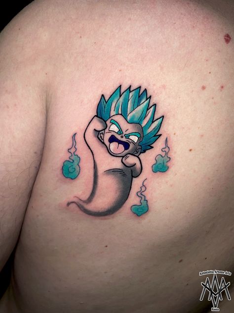 Dragon Ball Tattoos For Men, Ghost Gotenks Tattoo, Dragon Ball Small Tattoo, Trunks Tattoo Ideas, Trunks Dbz Tattoo, Dragonball Tattoo Ideas, Vegeta Tattoo Ideas, Dbz Tattoo Ideas, Goku Tattoo Ideas