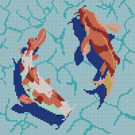 Koi Cross Stitch Pattern, Koi Alpha Pattern, Koi Pixel Art, Koi Fish Cross Stitch, Lily Pad Pond, Grid Patterns, Tapestry Pattern, Crochet Graph, Graph Crochet