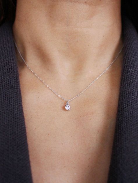 Silver Round Crystal Necklace Dainty Sterling Silver Cubic (affiliate) Pendant Necklace Outfit, Dainty Jewelry Silver, Short Silver Necklace, Silver Crystal Necklace, Silver Necklace Designs, Hypoallergenic Necklace, Prom Necklaces, Silver Necklace Simple, Pendant Necklace Simple