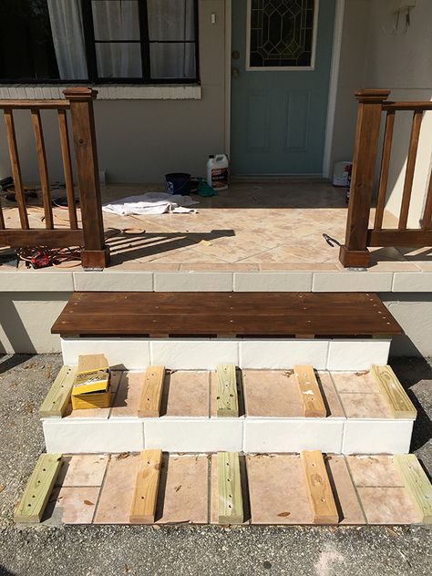 Porch Steps Makeover, Porch Steps With Railing, Porch Steps With Landing, Diy Wood Porch, Steps With Railing, Porch Steps Ideas, Steps Makeover, Front Porch Remodel, Porch Stairs