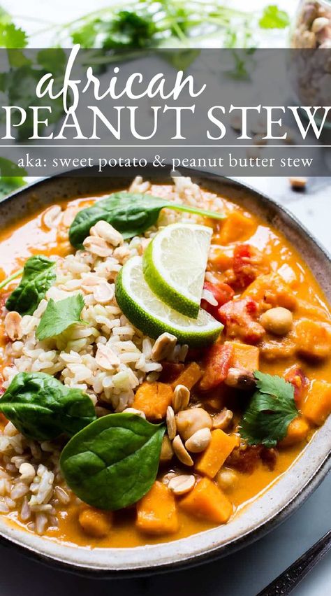 African peanut stew  in a bowl garnished with lime and cilantro. Peanut Stew African, Peanut Soup African, Sweet Potato And Peanut Butter, Soup Sweet Potato, Peanut Stew Vegan, African Peanut Soup Recipe, Butter Soup, Sweet Potato Peanut Butter, Peanut Butter Soup