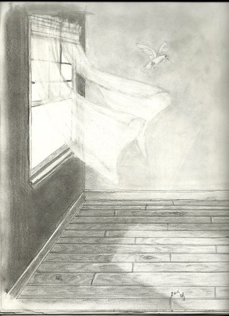 i like how the curtains look like they're moving in the wind and the light on the floor Curtain Drawing Sketch, Wind Sketch, Curtain Sketch, Window Sketch, Wind Drawing, Rainy Window, Curtain Drawing, Window Drawing, Lace Painting