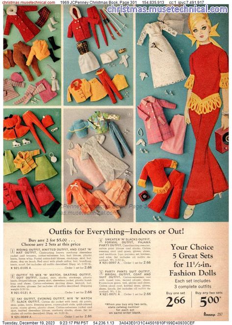 1969 JCPenney Christmas Book, Page 301 - Catalogs & Wishbooks Slacks Outfit, Clone Clothes, Superstar Barbie, Pajama Outfit, Sindy Doll, Christmas Catalogs, Christmas Book, Vintage Barbie Dolls, Riding Outfit