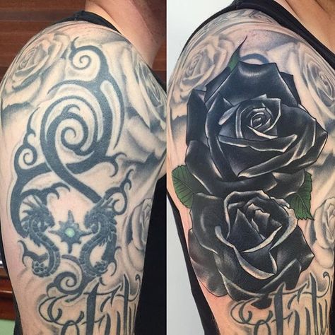 Non Rose Flower Tattoo, Black Rose Cover Up Tattoo, Blacked Out Tattoo Cover Up, Big Cover Up Tattoos, Cover Up Tattoos For Men, Black Rose Tattoo, Best Cover Up Tattoos, Black Tattoo Cover Up, Black Rose Tattoos