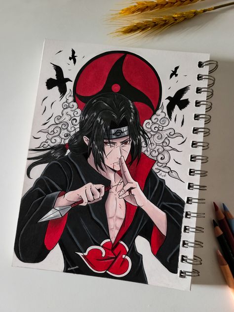 Itachi Drawing Color, Itachi Drawing Sketch, Naruto Drawings Color, Itachi Drawing, Itachi Sharingan, Batman Art Drawing, Anime Drawings For Beginners, Anime Canvas Painting, Naruto Itachi