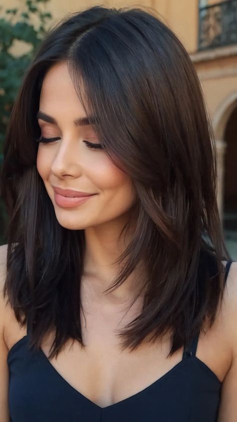 Medium Length Middle Part Haircut, Medium Length Haircut Thick Straight Hair, Thick Fine Hair Styles, Straight Fine Haircuts, Mid Length Haircut For Straight Hair, Haircut For Short Length Hair, Mid Hair Haircut, Mid Length Haircut Thick Hair, Haïr Cut Ideas For Straight Hair