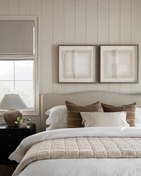 Primary Bedroom Neutral, Chic Cozy Bedroom, Mcgee And Co Bedding, Cozy Layered Bedding, Cream Brown Bedroom, How To Layer Bedding Master Bedrooms, Luxurious Bedding Ideas, Bedroom With Windows On Each Side Of Bed, Mcgee And Co Bedroom