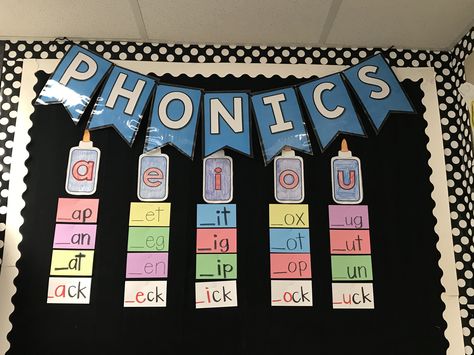 This is the phonics wall in a first grade classroom at Haslet Elementary School. The wall contains different phonemes that are consistently referred to in the class. Additionally, the phonemes directly correspond to words on the word wall in the classroom. As students are sounding out/spelling words, the teacher encourages them to use this phonics wall to associate different vowels to their sounds. I have found this to be one of the most useful tools in the classroom regarding phonics. Phonics Classroom Decor, Phonics Decorations, Phonics Classroom Display, Word Wall Ideas Kindergarten, Phonics Chart For Kindergarten, Phonics Bulletin Board Ideas Kindergarten, Ukg Class Charts, Vowel Bulletin Board Ideas, Wall Charts For Classroom