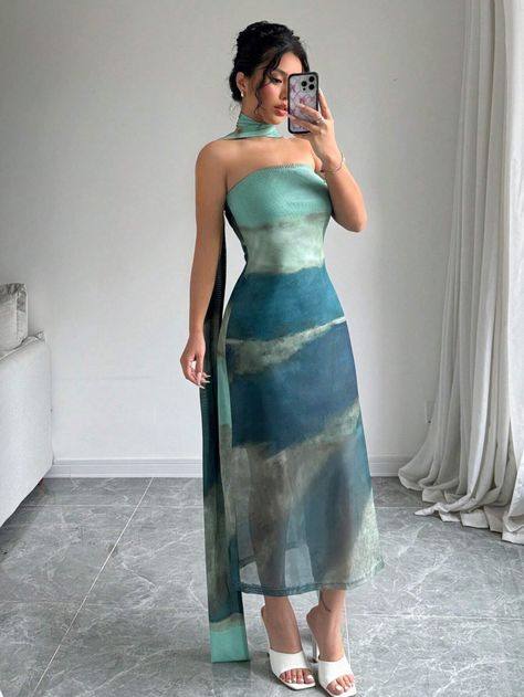 SHEIN Elenzya Tie Dye Strapless High Low Hem Dress For SummerI discovered amazing products on SHEIN.com, come check them out! Tie And Die Dresses, Tie Dye Dress Outfit Summer, Tye Dye Dress, Turquoise Dress, Dye Dress, Dress For Summer, Large Dress, Multicolor Dress, Summer Maxi