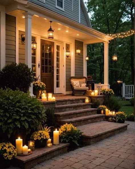 Back Porch Seating Ideas, Front Porch Step Ideas, Outside Entryway Ideas Front Porches, Front Porch Addition Colonial, Front Porch Steps Ideas Entrance, Country Porches Farmhouse, Front Entryway Ideas Exterior, Bungalow Front Porch, Cozy Front Porch Ideas