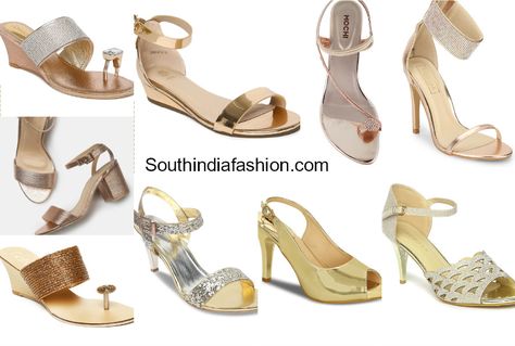 15 Pretty Golden Heels and Sandals For Indian Ethnic Wear - Shop Them Online! Sandals For Saree For Women, Footwear For Bride Indian, Sandals Heels For Saree, Footwear For Saree, Indian Bridal Sandals, Golden High Heels, Heels For Wedding, Bridal Sandals Heels, Western Party Wear