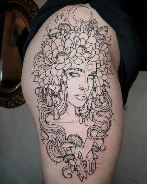 Mother Nature Tattoo, Mother Earth Tattoo, Nature Tattoo Ideas, Line Drawing Tattoos, Earth Tattoo, Mother Nature Tattoos, Nature Tattoo Sleeve, Tarot Tattoo, Nature Tattoo