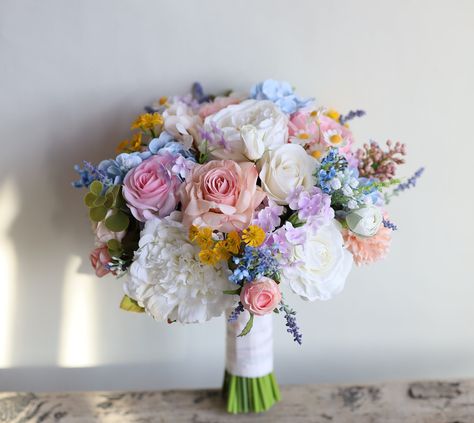 Wildflower Bridal Bouquet, Colorful Wedding Bouquet, Spring Summer Bouquets, in Peony, Ranunculus, Rose, Daisies, Lilacs, Lavender/pink/blue - Etsy Purple Spring Wedding Colors, Small Colourful Wedding Bouquet, Purple And Blue Spring Wedding, Pink And Blue Wildflower Bouquet, Bridal Bouquet Pastel Colors, Wedding Flowers With Lavender, Pink Blue Yellow Bouquet, Wedding Bouquet Pink And Blue, Pastel Bride Bouquet