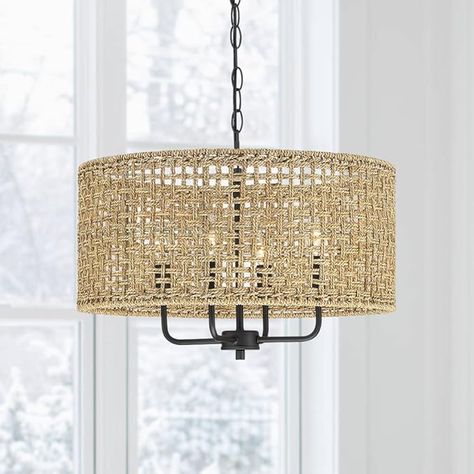 LAMPRESSION 4-Light Rattan Wicker Drum Chandeliers for Dining Room, 20" Hand Woven Bohemian Pendant Chandelier Light Fixture for Kitchen Island Living Room Bedroom Hallway Foyer - Amazon.com Black Coastal, Chandeliers For Dining Room, Rattan Chandelier, Cage Chandelier, Farmhouse Light Fixtures, Vintage Style Decorating, Rattan Pendant Light, Kitchen Lighting Fixtures, Drum Chandelier