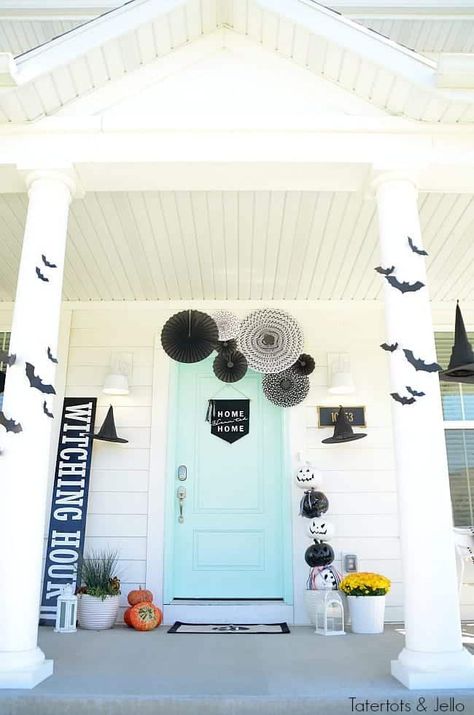 Witching Hour Front Door by Tatertots and Jello | Frighteningly Fabulous Halloween Door Decor Ideas Halloween Porch Ideas, Halloween Porch Sign, Creepy Halloween Costumes, Spooky Ideas, Halloween Front Doors, Holiday Inspo, Hanging Hats, Halloween Photography, Fall Festivities