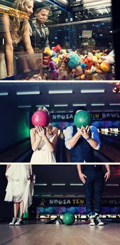 Bowling Photoshoot Couple, Arcade Prom Pictures, Bowling Alley Wedding Reception, Bowling Alley Photoshoot Couples, Bowling Alley Engagement Pictures, Bowling Alley Wedding, Bowling Engagement Photos, Bowling Alley Outfit, Bowling Alley Photoshoot