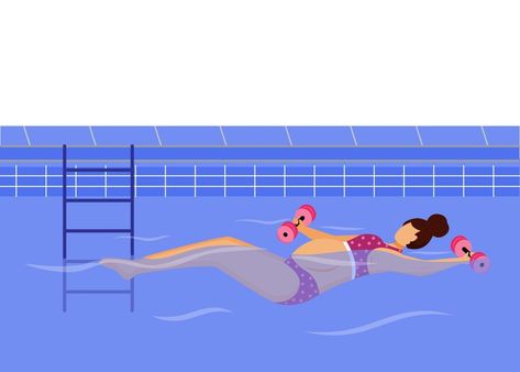 Pregnant woman swimming in pool flat vector illustration. Healthy lifestyle. Young mother in bikini exercising in water with weights cartoon character on white background Woman Swimming, Water Exercises, Flat Vector Illustration, Pregnant Woman, Flat Vector, Cartoon Character, In Water, Pregnant Women, Cartoon Characters