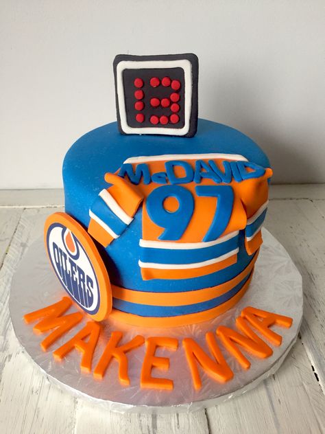 Oilers McDavid Hockey Cake Hockey Cake Ideas, Oilers Cake, John Cake, Hockey Birthday Cake, Birthday Cake Buttercream, Hockey Cake, Hockey Field, Hockey Cakes, Hockey Birthday Parties