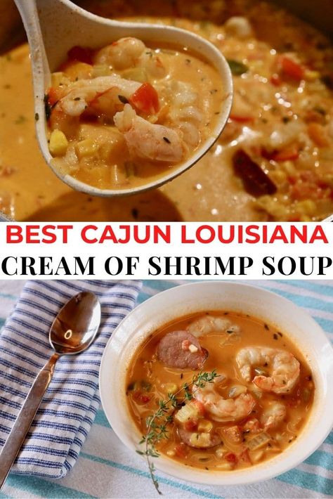 Cream of Shrimp Soup Recipes, Homemade Cream of Shrimp Soup, How To Make Cream of Shrimp Soup, Keto Cream of Shrimp Soup, Easy Creamy Shrimp Soup, Cajun Shrimp Soup Recipes, Authentic Cajun Cuisine, Louisiana food, cajun cooking, traditional new orleans dishes, new orleans food recipes, spicy shrimp soup, corn and shrimp soup, cream of shrimp soup, creole shrimp sausage soup, Cream Of Shrimp Soup Recipes, Creamy Shrimp Soup, Cream Of Shrimp Soup, Cajun Recipes Easy, Shrimp And Corn Soup, Nola Recipes, Shrimp Soup Recipes, Creole Shrimp, Shrimp Stew