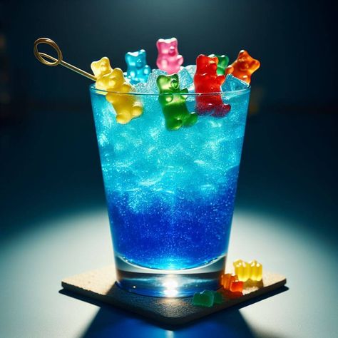 The Blue Gummy Bear cocktail is a sweet, fruity delight. It has a strong blue raspberry flavor, with a hint of sourness from the lemon-lime soda. The vodka gives it a slight kick, but the overall taste is smooth and refreshing. Gummy Cocktail, Gummy Bear Cocktail Recipe, Gummy Bear Cocktail, Gummy Bear Drink, Bear Cocktail, Soda Cocktails, Rainbow Cocktail, Bear Drink, Lemon Soda