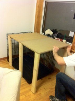 Diy Dog Crate Table, Diy Dog Crate Cover, Dog Create, Dog Crate Ideas, Diy Slide, Groom Room, Dog Crate Table, Diy Dog Crate, Dog Crate Cover