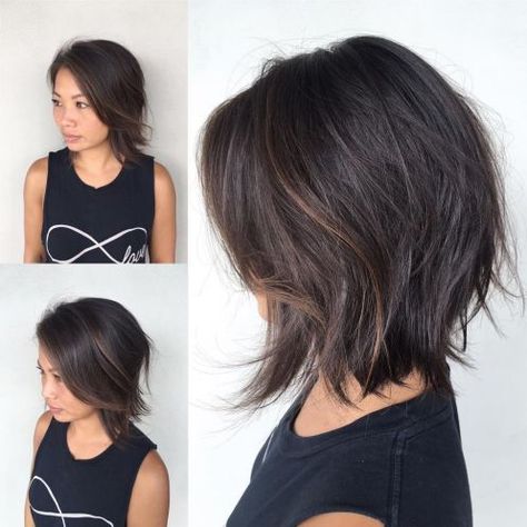 Layered Razored Brunette Lob Brunette Lob, Brunette Bob, Choppy Bob Hairstyles, Bob Hairstyles For Fine Hair, Medium Hair Cuts, Shoulder Length Hair, Medium Length Hair Cuts, Bobs Haircuts, Fine Hair