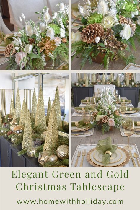 Green Tablescape Christmas, Gold And White Christmas Centerpieces, Gold And White Christmas Tablescape, Green And Champagne Christmas Decor, Green And Gold Christmas Table Decor, Green And White Christmas Table, Gold Christmas Table Settings, Green And White Table Decor, Southern Tablescapes