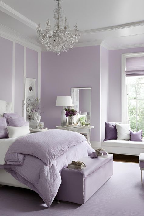 Get inspired with these white and lilac bedroom ideas. Perfect for modern bedroom décor and creating a serene, stylish space in your home. Lilac Bedroom Ideas For Women, White And Lilac Bedroom, Light Purple Bedroom Walls, Light Purple Bedroom Ideas, Bedroom Purple Walls, Light Purple Bedroom, Purple And White Bedroom, Purple Bedroom Walls, Lilac Bedroom Ideas