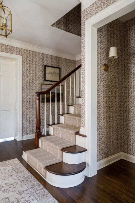 A 1930s classic American home in Indiana gets a charming makeover Classic Wainscoting, Whittney Parkinson Design, Whittney Parkinson, Woods Project, Classic American Home, Contemporary Design Style, Entryway Ideas, Stair Runner, Commercial Design