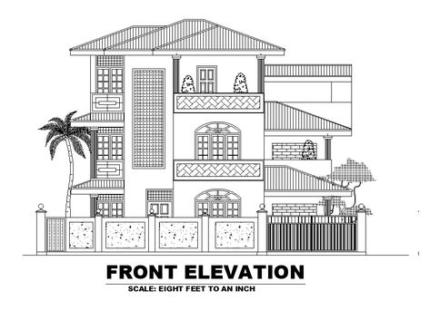 Elevation Designs For House Drawing, Autocad Elevation Drawings, Plan Elevation Section Of House, Front Elevation Drawing, Bungalow Drawing, House Sketch Plan, Exterior Bungalow, House Design Drawing, Square Drawing